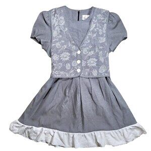 Vintage Gray and White Gingham Floral Lace Buttoned Faux Two Piece Dress Size 12